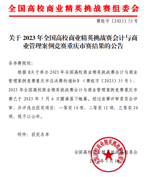 【喜报】会计学院学子喜获全国商业精英挑战赛重庆市一等奖